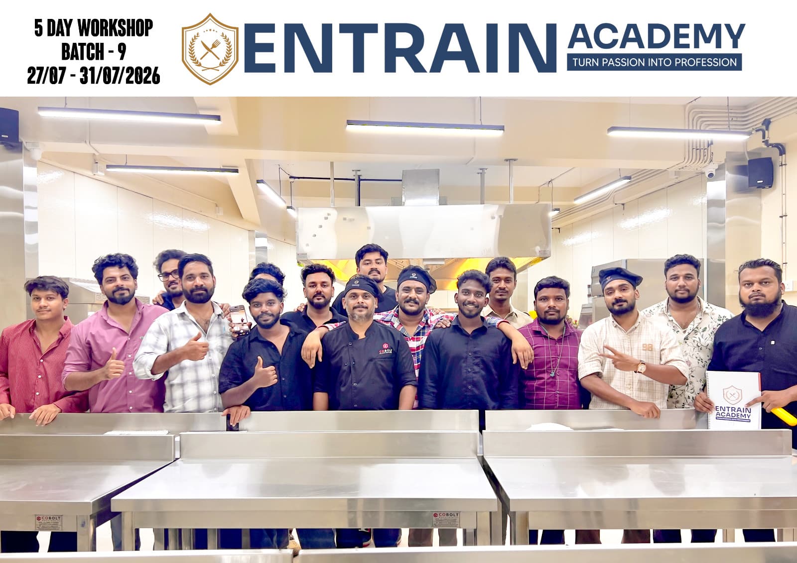 Culinary workshop group in the Entrain Academy kitchen, batch 9